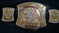 the wwe championship belt is shown on a black background