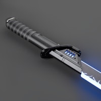 a 3d model of a sword with blue lights on it