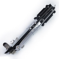 a black and silver knife on a white surface